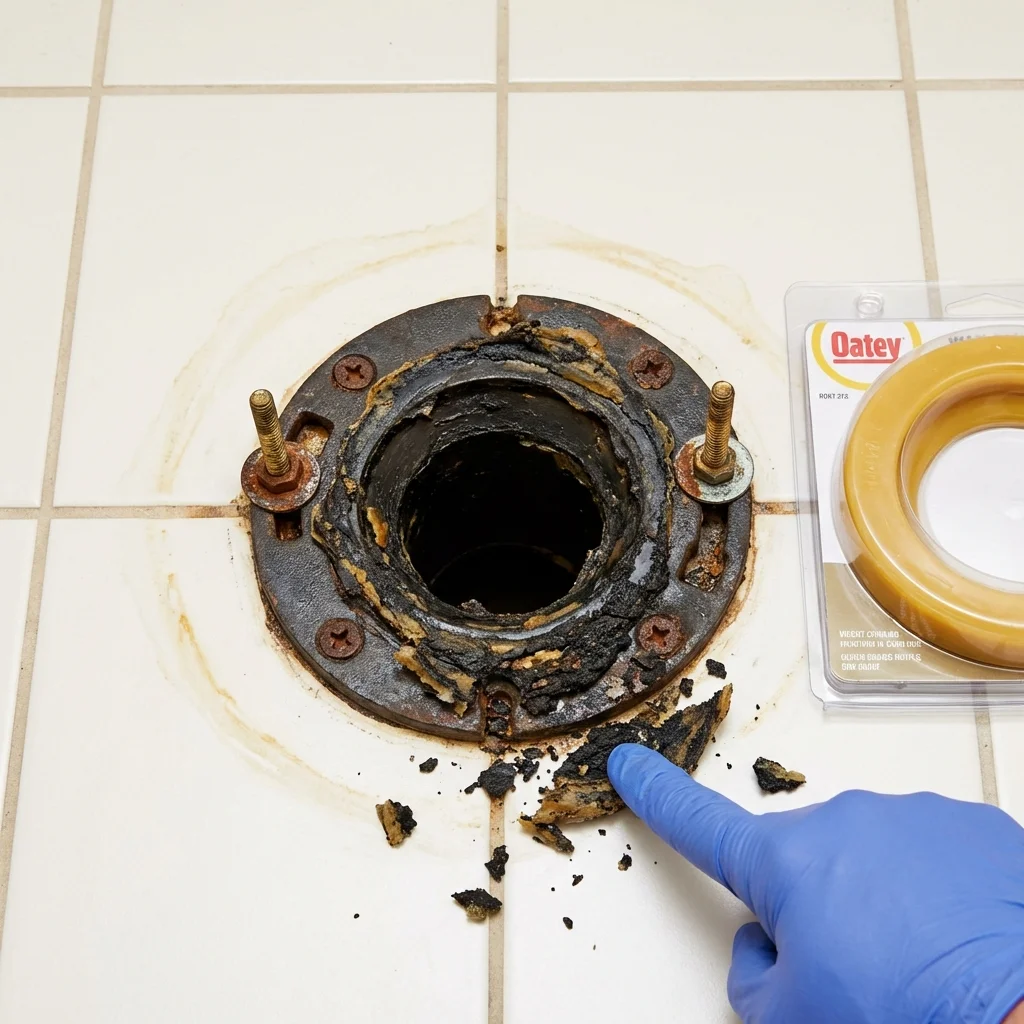 Failed wax ring showing water seepage at the base of a toilet in a Torrington, CT home