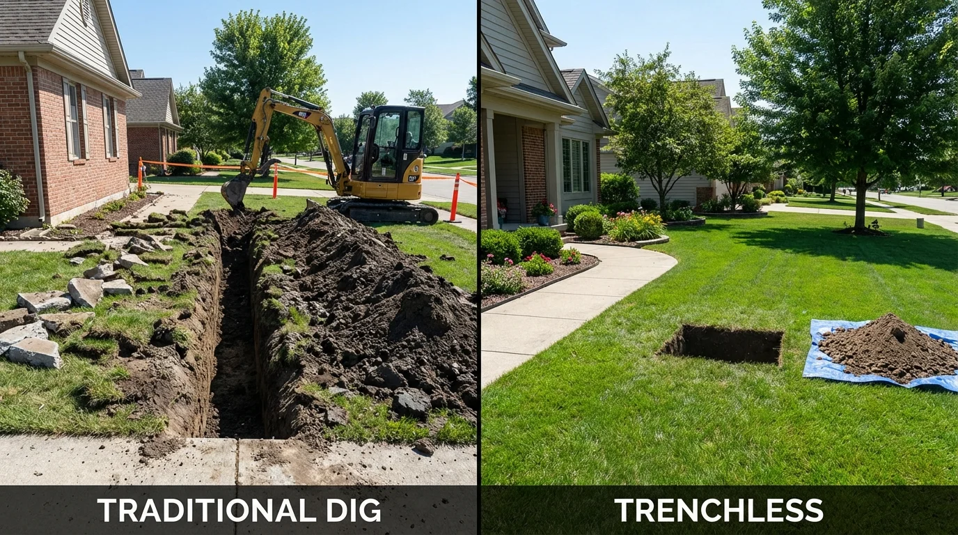Trenchless sewer repair with minimal yard damage versus traditional excavation in Torrington, CT